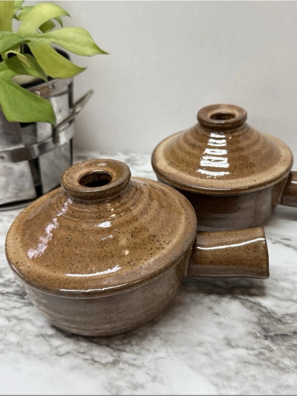 Vintage Set Of 2, Stoneware Lidded Croc Pot With Side Handle Steamer/Bakerware